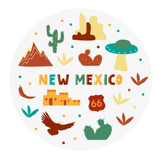 USA collection. Vector illustration of New Mexico theme. State Symbols - Διάνυσμα, εικόνα