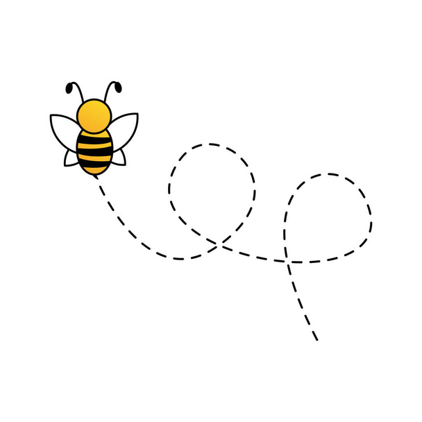 Api che volano su una rotta tratteggiata. Carino il personaggio delle api. Illustrazione vettoriale isolata sullo sfondo bianco - Vettoriali, immagini