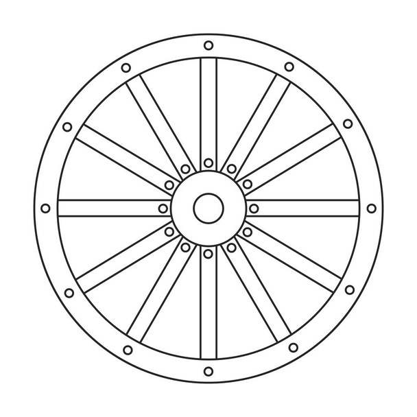 Значок контура вектора колеса. Векторная иллюстрация деревянного колеса на белом фоне. Изолированный контур иконки деревянного колеса тележки. - Вектор,изображение