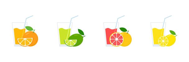 Cócteles de zumo de frutas en la colección de vasos. Set de bebidas de naranja, pomelo, limón y lima. Bebidas frescas frías de verano. Concepto de estilo de vida saludable. Ilustración vectorial aislada - Vector, imagen