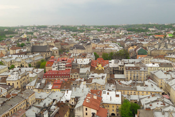 Вид на середньовічне місто птахів з коричневими черепичними дахами
. - Фото, зображення
