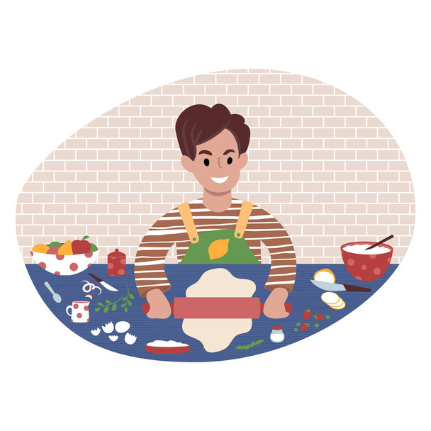 Een lachende jongen die een maaltijd klaarmaakt. Platte stijl illustratie. - Vector, afbeelding