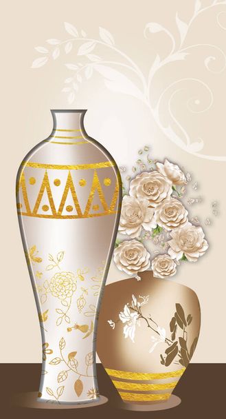 3d иллюстрационная ваза с золотыми цветами на светлом фоне . - Фото, изображение