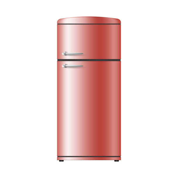 Realistic retro fridge isolated. Vintage refrigerator in red color on white background - Vector, imagen