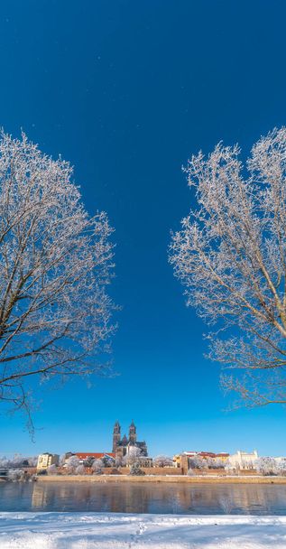 Magdeburg tarihi, kış aylarında soğuk ağaçlar ve kar ile sabah güneş doğarken sıcak aydınlatma ve mavi gökyüzü ile Almanya, Almanya - Fotoğraf, Görsel