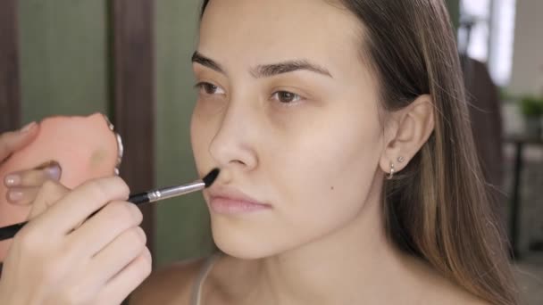 muodostavat taiteilija tekee meikki brunette aasialainen nainen harjalla kauneushoitola - Materiaali, video