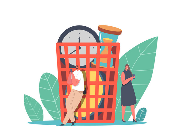 Personagens minúsculos ocioso em enorme cesta com despertador tempo e dinheiro, empresários preguiça, procrastinação - Vetor, Imagem