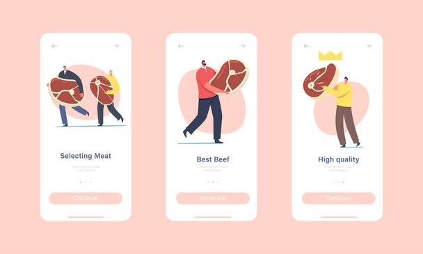 High Quality Meat Mobile App Page Onboard Screen Template Крихітні персонажі з величезною яловичиною або свининою - Вектор, зображення