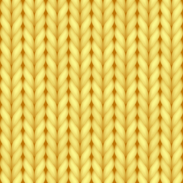 Patrón sin costura de textura de punto realista amarillo de lana acogedora. Plantilla de fondo de fibra suave - Vector, Imagen
