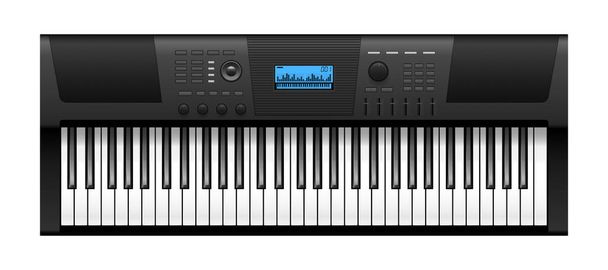 Музичний синтезатор. Реалістичні електричні піаніно клавіатури, вид зверху. Електронний музичний інструмент
 - Вектор, зображення