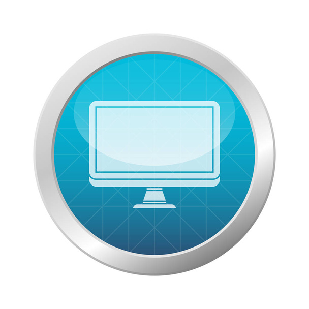 Ícone de tela do computador no quadro círculo brilhante azul claro. Moldura de metal cromado. Ilustração vetorial. - Vetor, Imagem