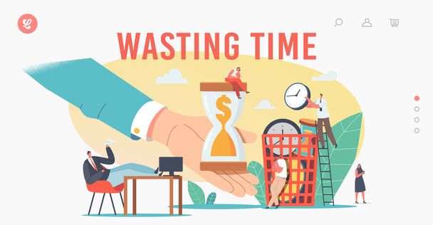Characters Wasting Time, Procrastination Landing Page Template. Procrastinating Businesspeople, Employee at Workplace - Vector, Image