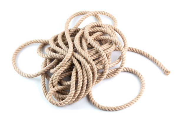 coil of natural Jute Hessian Rope Cord Braided Twisted isolated on white background - Photo, Image