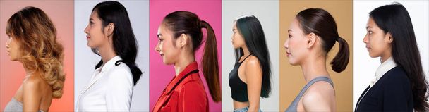 Pół Ciała Różnorodność Portret 20s 30s Asian kobieta fryzura makijaż. People female turns side view over white Tło izolowany profil - Zdjęcie, obraz