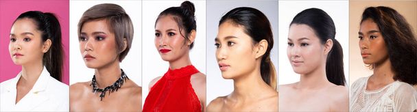Medio cuerpo Diversidad Retrato de los años 20 30 Mujer asiática estilo de pelo maquillaje de moda. Gente femenina gira vista lateral sobre blanco Fondo aislado Perfil - Foto, Imagen