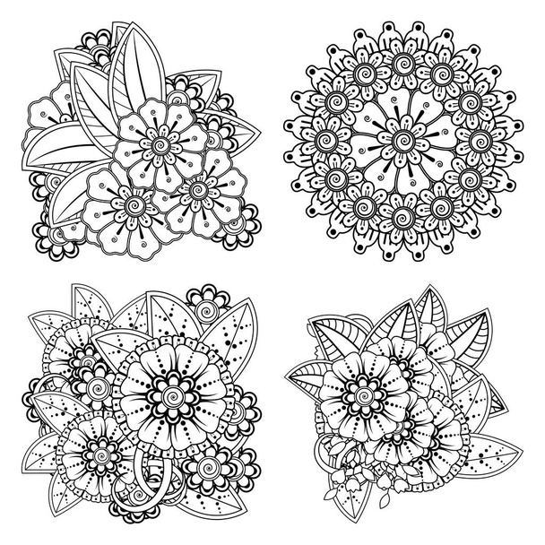 Set de flor de Mehndi para henna, mehndi, tatuaje, decoración. ornamento decorativo en estilo étnico oriental. página del libro para colorear. - Vector, imagen