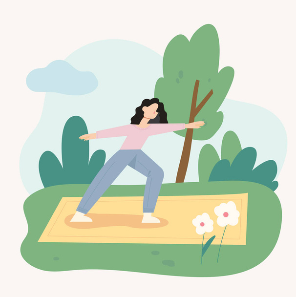 Eine Frau macht Yoga auf einer Matte im Park. flaches Design minimale Vektorillustration. - Vektor, Bild