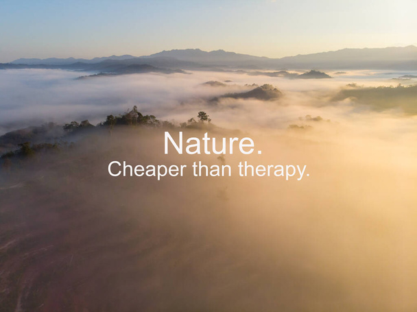Inspirational life quotes - "Nature Cheaper Than Theraphy" with Nature Aerial landscape view. - Photo, Image