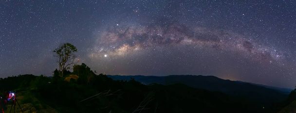 天の川銀河や夜空の星の宇宙空間を持つデッドツリーの自然景観。画像には、特定の粒やノイズとソフトフォーカスが含まれています。.) - 写真・画像