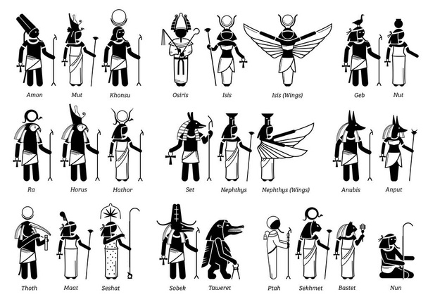 Ancient Egyptian God, Goddess, and deities in stick figure icons. Vector illustration set of popular Egypt deities Amon, Osiris, Isis, Horus, Anubis, Seth, Sobek, Taweret, Ptah, Sekhmet and Bastet. - Вектор,изображение