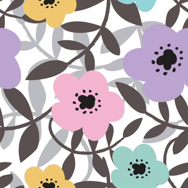 πολύχρωμο μοτίβο λουλουδιών με φύλλα γκρίζας - Διάνυσμα, εικόνα