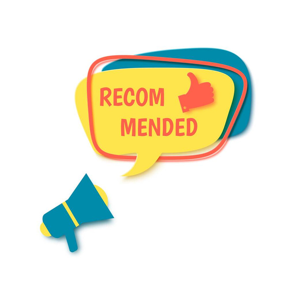 Recommended labele with thumbs up and megaphone in paper cut style. Flat banner with like sign cutout from cardbord. Flat speech bubble in retro memphis style. 3d papercut vector illustration - Wektor, obraz