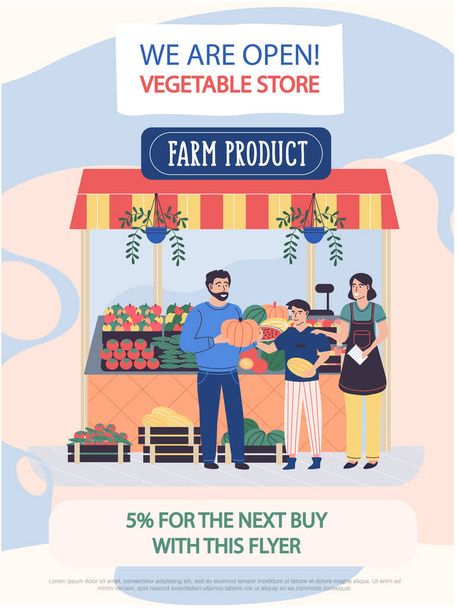 Opening of shop with farm products concept. Local farmer shopkeepers sale harvest with discount - Vector, Image