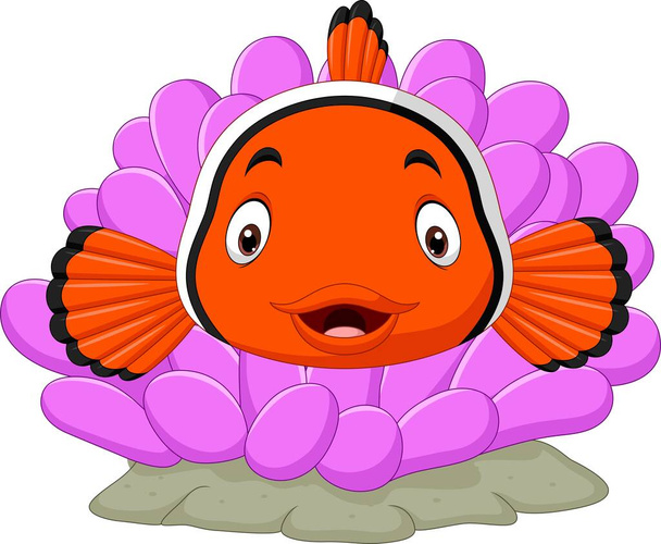 Ilustração vetorial de desenhos animados de peixe palhaço bonito com coral - Vetor, Imagem