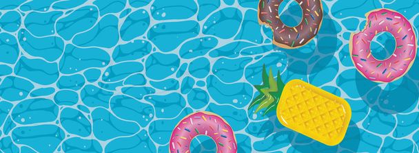 Sommer-Hintergrund für Flyer oder Pool-Party-Einladungen. Pool-Party. Azurblaues Wasser mit Donut und Ananas aufblasbaren Ringen. - Vektor, Bild
