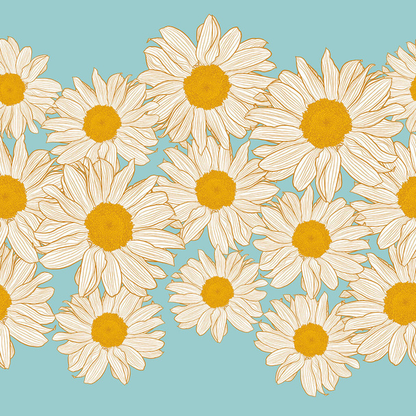 Bordo vettoriale senza cuciture di fiori di camomilla gialli e bianchi su turchese chiaro - Vettoriali, immagini