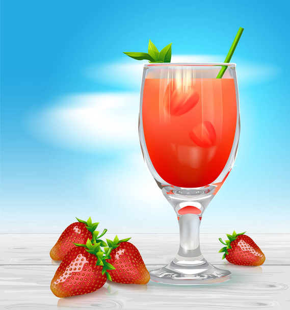 Vector glass with strawberry juice and strawberries on a wooden table made of white boards against a blue sky with clouds. - Vector, afbeelding