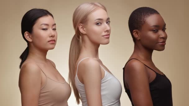 Schönheit zwischen den Rassen. Profil-Porträt gemischter Damen, die Gesichter in die Kamera drehen und lächelnd vor beigem Hintergrund posieren - Filmmaterial, Video