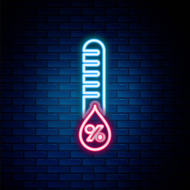 Glowing neon line Humidity icon isolated on brick wall background. Weather and meteorology, thermometer symbol. Colorful outline concept. Vector - Vector, Image