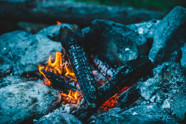 火の近くで焼かれた鮮やかな色付きの薪。キャンプファイヤーのオレンジの炎と大気暖かい背景。たき火の想像を絶するフルフレームイメージ。美しい火災でログを書き込みます。素晴らしい炎. - 写真・画像