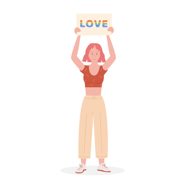 Лесбійка в сучасному одязі з рожевим волоссям на параді гордості тримає плакат зі словом Любов у веселкових кольорах. Девушка на демонстрации за рівні права. ЛГБТ-активіст. Векторні плоскі карикатури на білий - Вектор, зображення