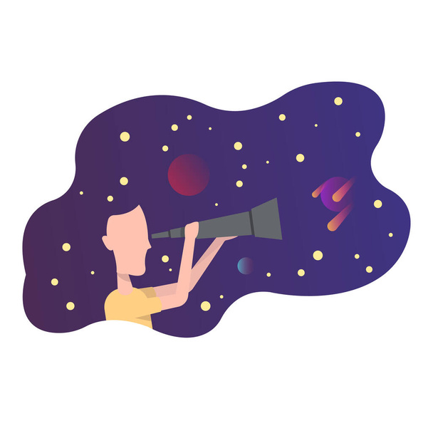 απεικόνιση ενός κοριτσιού που κοιτάζει μέσα από ένα τηλεσκόπιο στον έναστρο ουρανό - Διάνυσμα, εικόνα