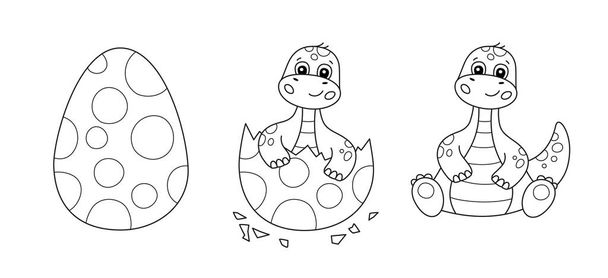Dinosaur egg and cute little dinosaur for kid coloring book. Baby brontosaurus. Children puzzle game. - Vector, Image