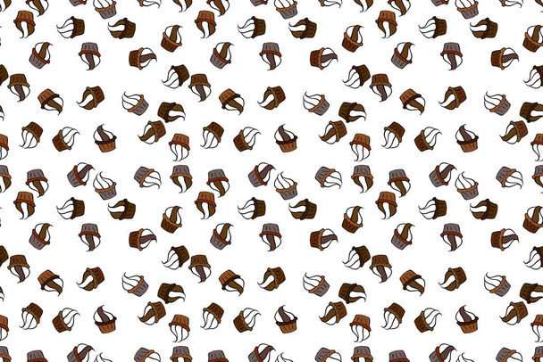 Raster. For food poster design. Cake muffin cute seamless pattern. Nice birthday pattern on brown, white and black. - Photo, Image