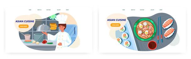 Ázsiai konyha landing page design, website banner vector template set. Séf főzés japán ramen tészta leves, sashimi. - Vektor, kép
