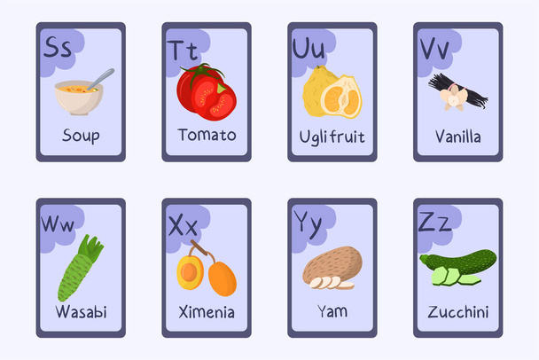 Barevné abeceda písmeno S, T, U, V, W, X, Y, Z - polévka, rajče, ugli ovoce, vanilka, wasabi, ximenia, jam, cuketa. - Vektor, obrázek