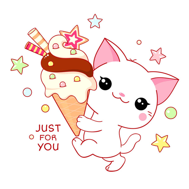 Cute yummy card in kawaii style. Lovely cat with ice cream - Wektor, obraz