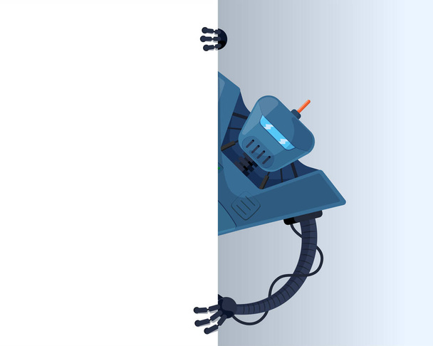 かわいい青いロボットの目はテキストのための角の空白のポスタースペースの後ろに見えます。プレゼンテーションのための空のホワイトボードを保持サイボーグ文字。ロボット情報バナーモックアップインターフェースEPSイラスト - ベクター画像