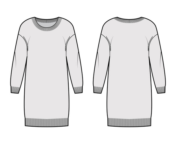 Šaty Kulatý krk Svetr technické módní ilustrace s upuštěnými dlouhými rukávy, relaxační tělo, délka kolena, žebra - Vektor, obrázek