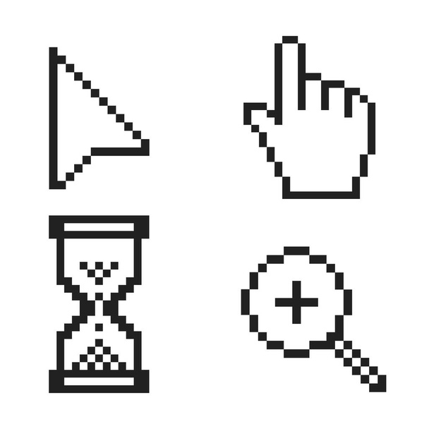 Schwarz-weißer Pixelpfeil, Hand, Lupe und Sanduhr Pixel Mauszeiger Symbole Vektorillustration. - Vektor, Bild