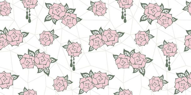 Roses with leaves on a white geometric polygonal background. Floral endless texture. Vector seamless pattern for wrapping paper, packaging, wrapper, cover, surface texture, website wallpaper, printing on textile, clothes and bag. Design template - Vektori, kuva