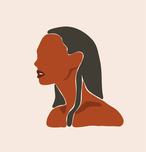 Ilustración de moda estética contemporánea gráfica plana abstracta vectorial dibujada a mano con retrato femenino afroamericano moderno y bohemio en un estilo minimalista de moda simple aislado sobre fondo pastel - Vector, imagen