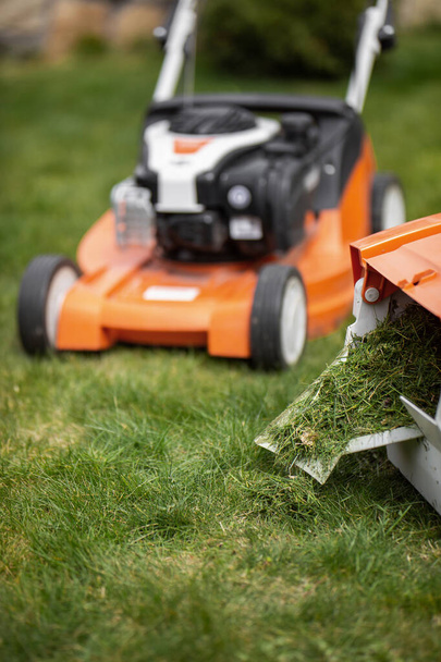 Güneşli bir bahar gününde yeni çim biçme makinesiyle çimen biçiyorum.. - Fotoğraf, Görsel