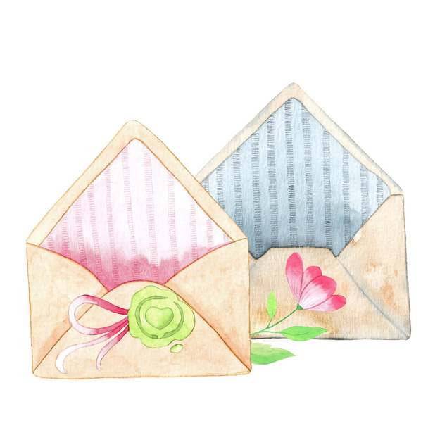 Watercolor illustration with vintage envelope. Hand painted illustration for pattern, background, cards, textures, decor or stickers. - Photo, Image