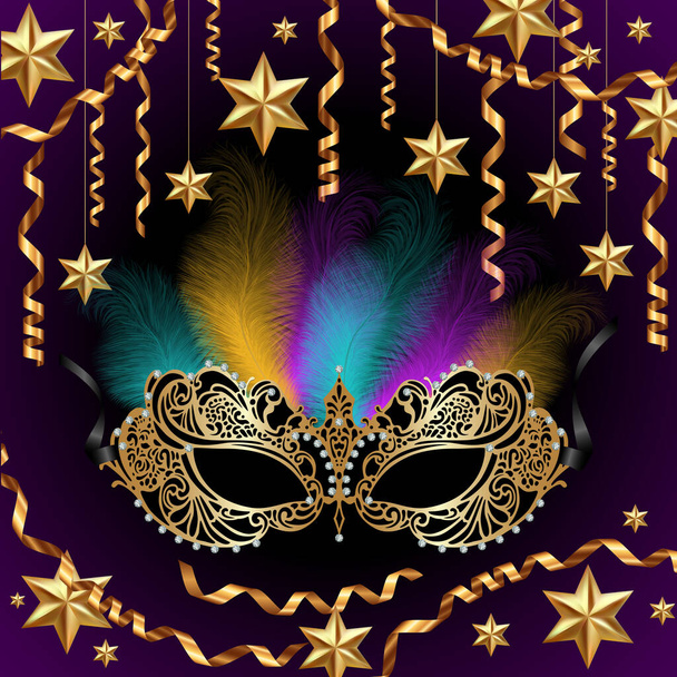 Ilustración de la plantilla de tarjeta con máscara de carnaval, plumas, estrellas doradas y serpentinas - Vector, Imagen