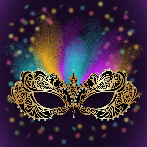 Illustration du modèle de carte avec masque de carnaval, plumes et fond de confettis - Vecteur, image